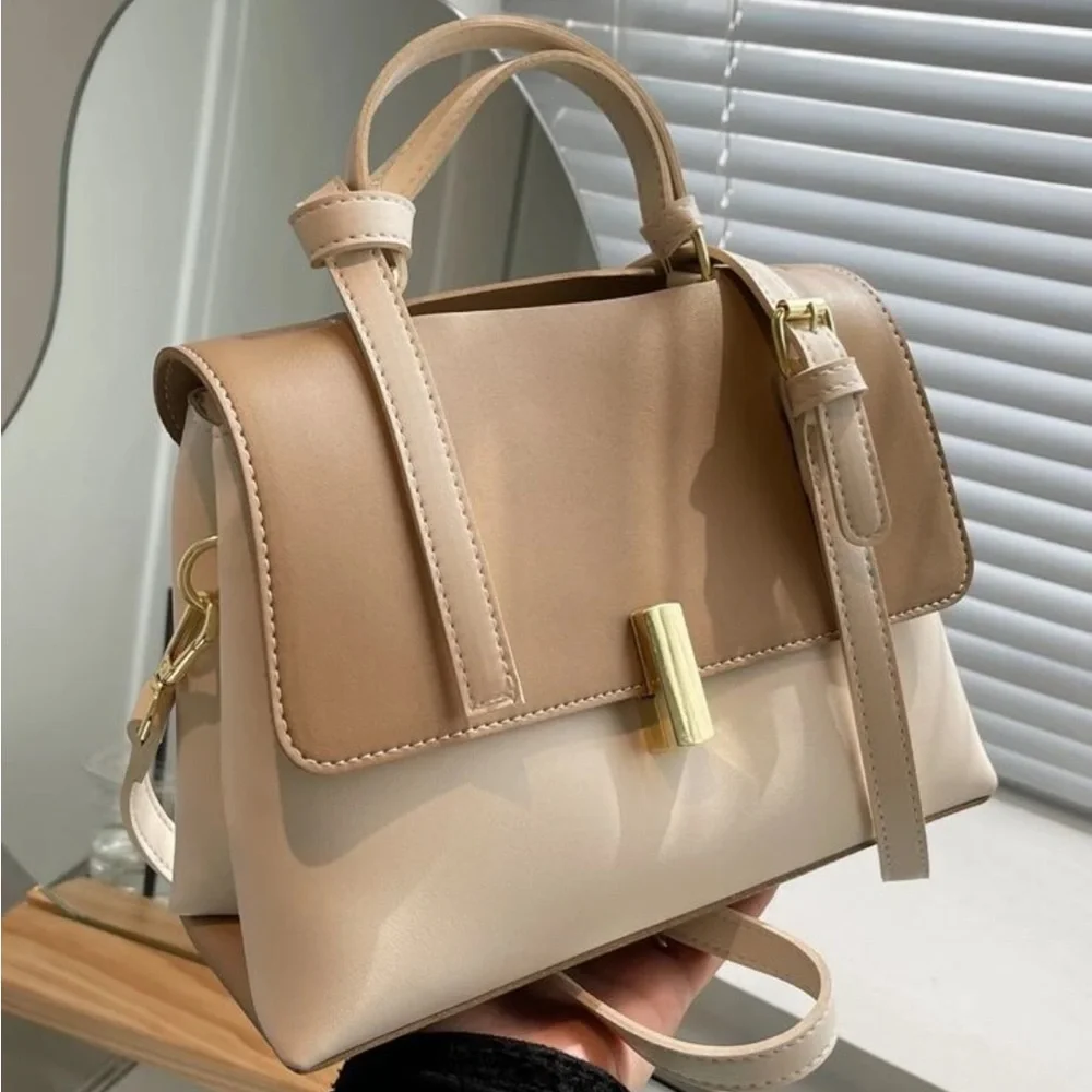 Cream Beige Two Tone Bag with Strap and Gold Clasp - Picture 1 of 7